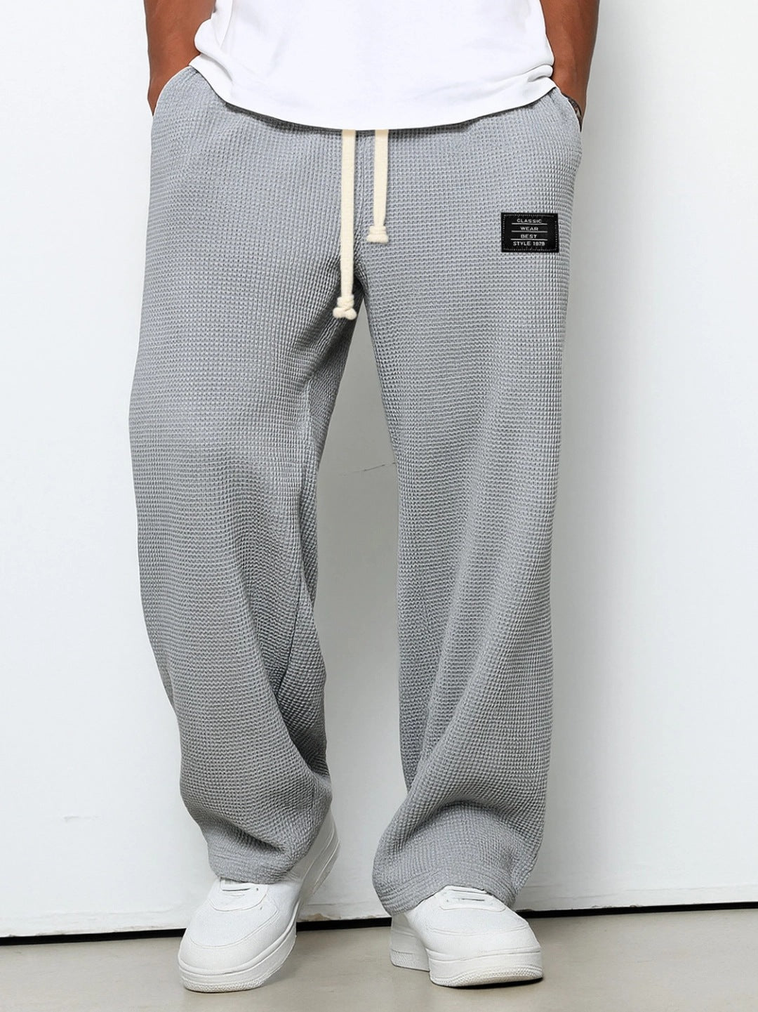 Men’s Loose-Fit Waffle Straight Pants with Drawstring Pockets