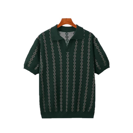 Men’s Knitted Jacquard Polo Shirt – Striped Lapel Half Sleeve T-Shirt