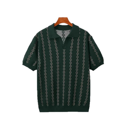Men’s Knitted Jacquard Polo Shirt – Striped Lapel Half Sleeve T-Shirt