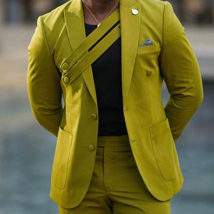 Olive Green Suit With Asymmetric Strap Detail And Tailored Fit