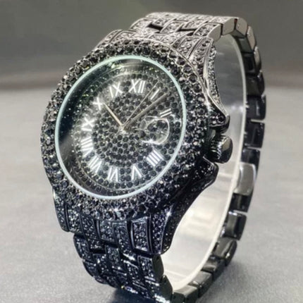 Men’s Luxury Zircon Quartz Watch – Full Diamond Circular Calendar Timepiece