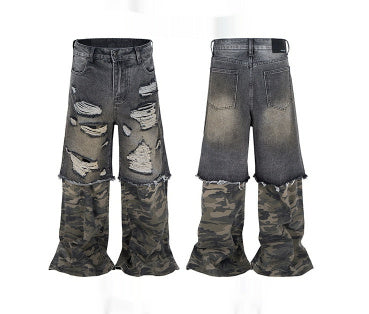 Camouflage Stitching Micro-pull Wide Leg Ripped Ripped Jeans