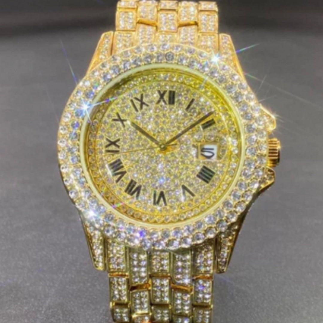Men’s Luxury Zircon Quartz Watch – Full Diamond Circular Calendar Timepiece