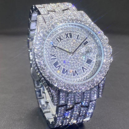 Men’s Luxury Zircon Quartz Watch – Full Diamond Circular Calendar Timepiece