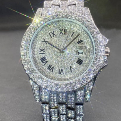 Men’s Luxury Zircon Quartz Watch – Full Diamond Circular Calendar Timepiece