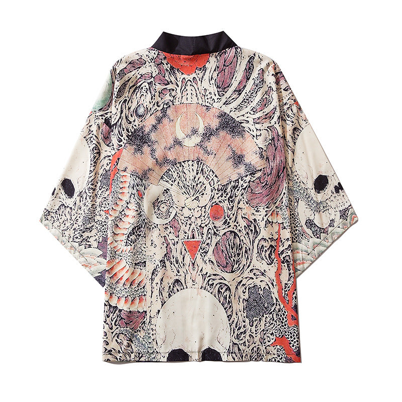 Men’s Skull Print Loose Fit Three-Quarter Sleeve Shirt – Casual Stand Collar Top