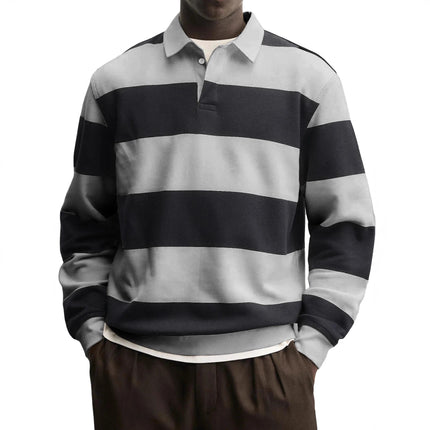 Men’s Loose-Fit Long Sleeve Striped T-Shirt – Casual Polyester Pullover