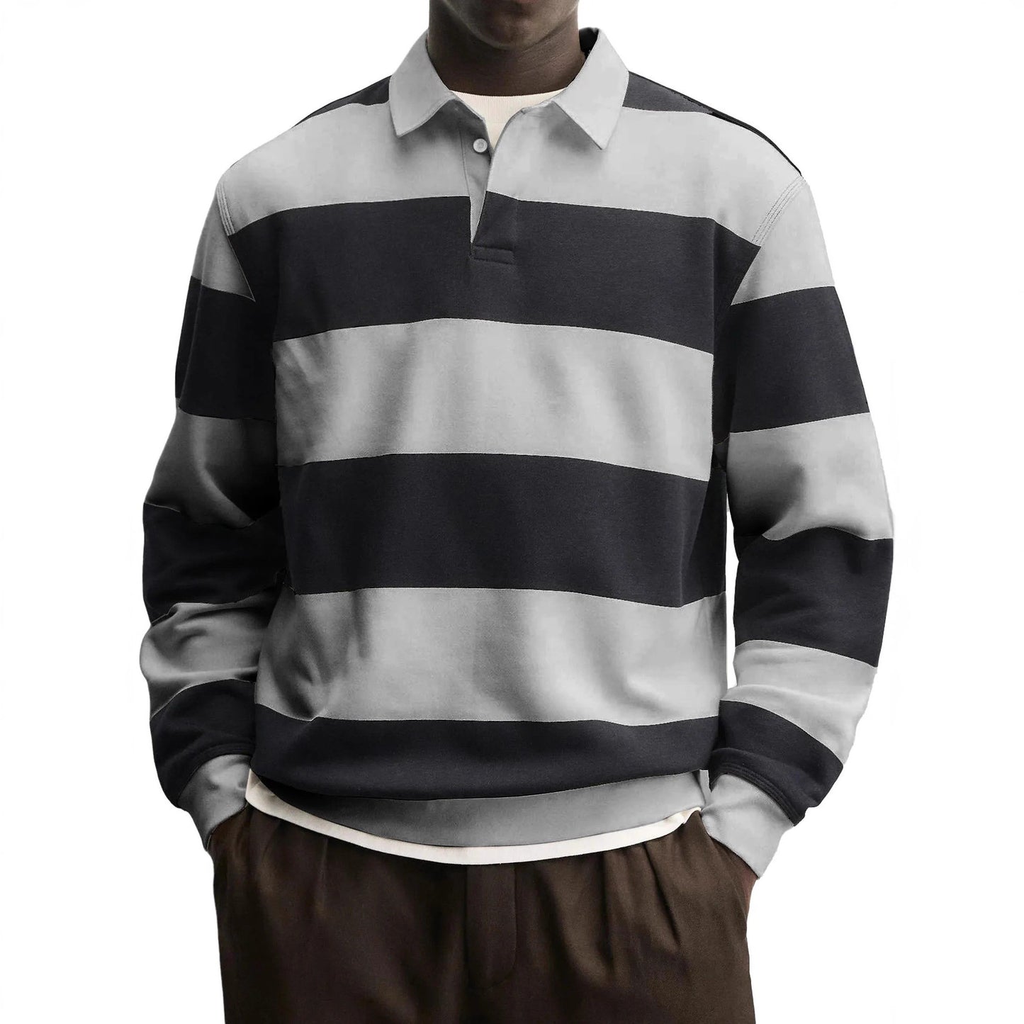 Men’s Loose-Fit Long Sleeve Striped T-Shirt – Casual Polyester Pullover
