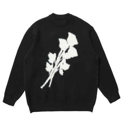 Men’s Korean-Style Jacquard Rose Sweater – Loose Fit Pullover with Mink Fur Texture