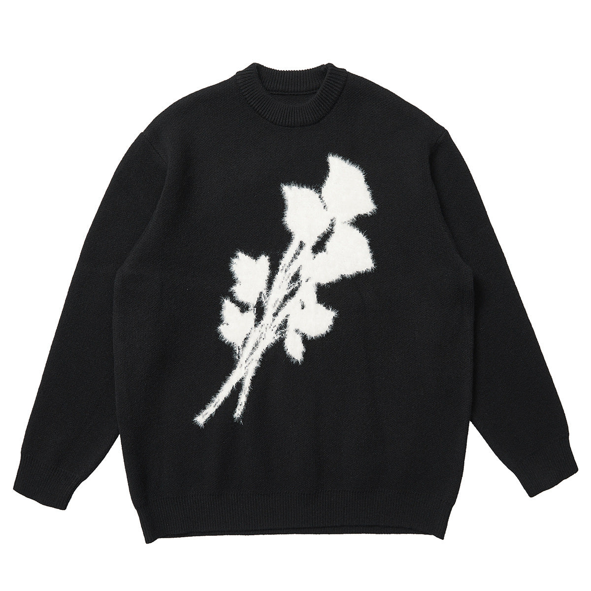 Men’s Korean-Style Jacquard Rose Sweater – Loose Fit Pullover with Mink Fur Texture