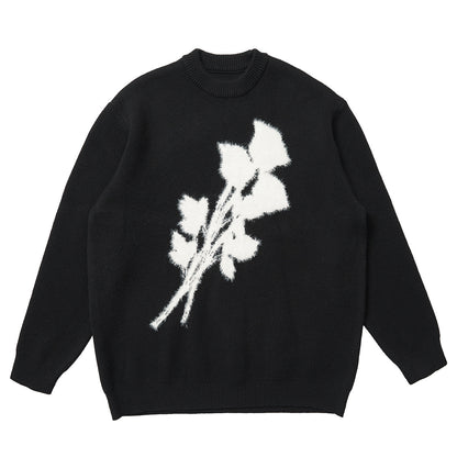 Men’s Korean-Style Jacquard Rose Sweater – Loose Fit Pullover with Mink Fur Texture