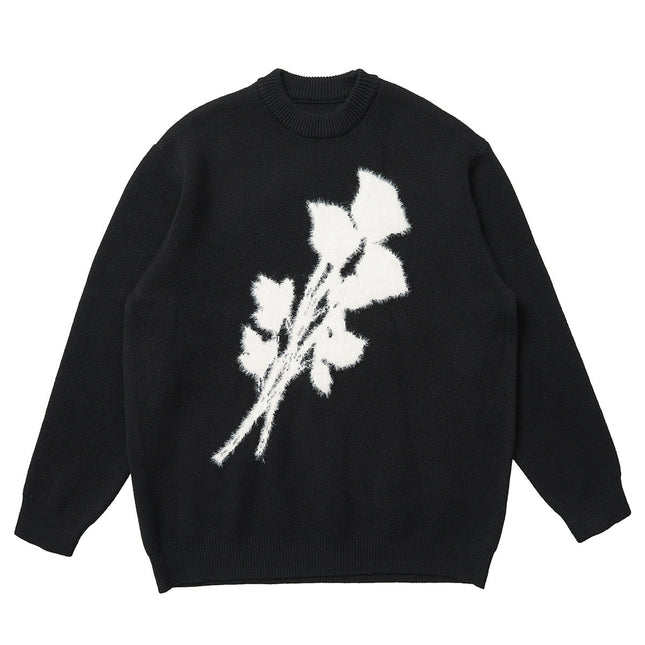 Men’s Korean-Style Jacquard Rose Sweater – Loose Fit Pullover with Mink Fur Texture