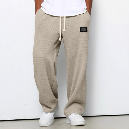 Men’s Loose-Fit Waffle Straight Pants with Drawstring Pockets