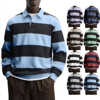 Men’s Loose-Fit Long Sleeve Striped T-Shirt – Casual Polyester Pullover
