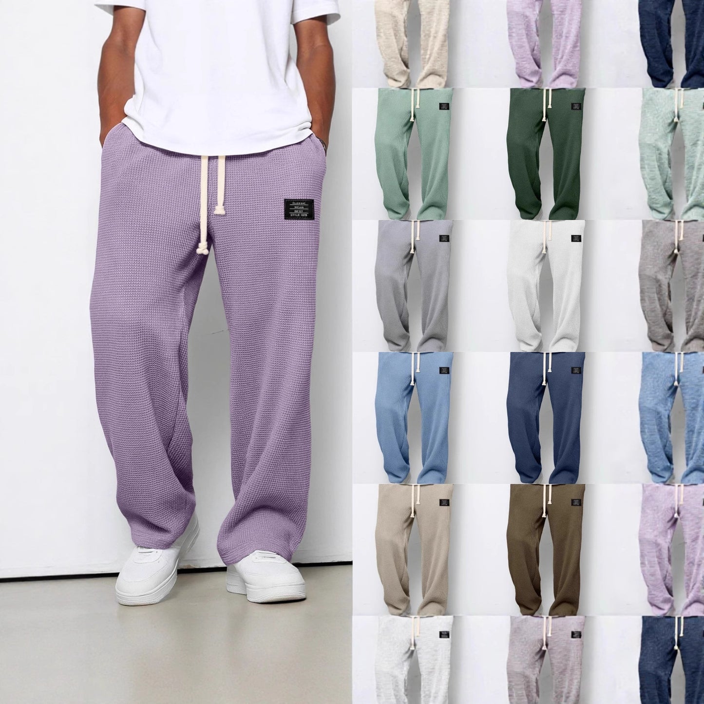 Men’s Loose-Fit Waffle Straight Pants with Drawstring Pockets