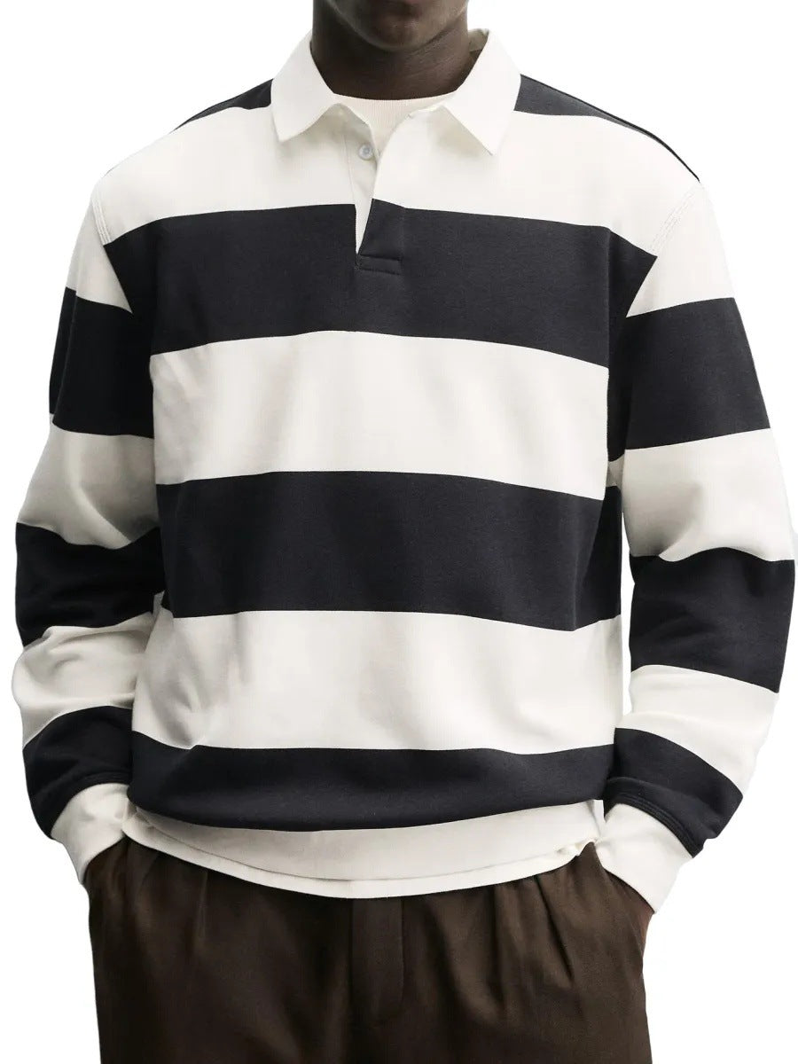 Men’s Loose-Fit Long Sleeve Striped T-Shirt – Casual Polyester Pullover