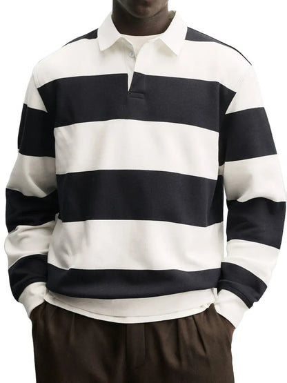Men’s Loose-Fit Long Sleeve Striped T-Shirt – Casual Polyester Pullover