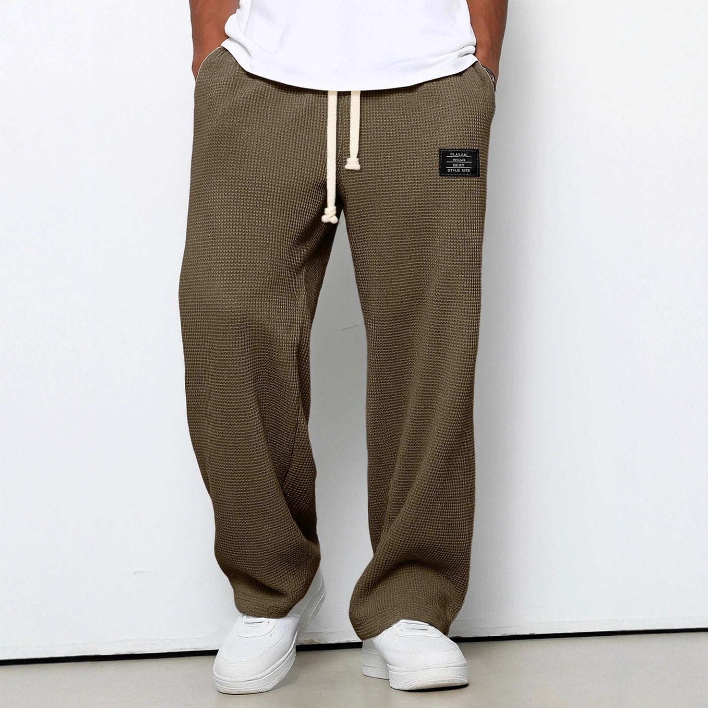 Men’s Loose-Fit Waffle Straight Pants with Drawstring Pockets
