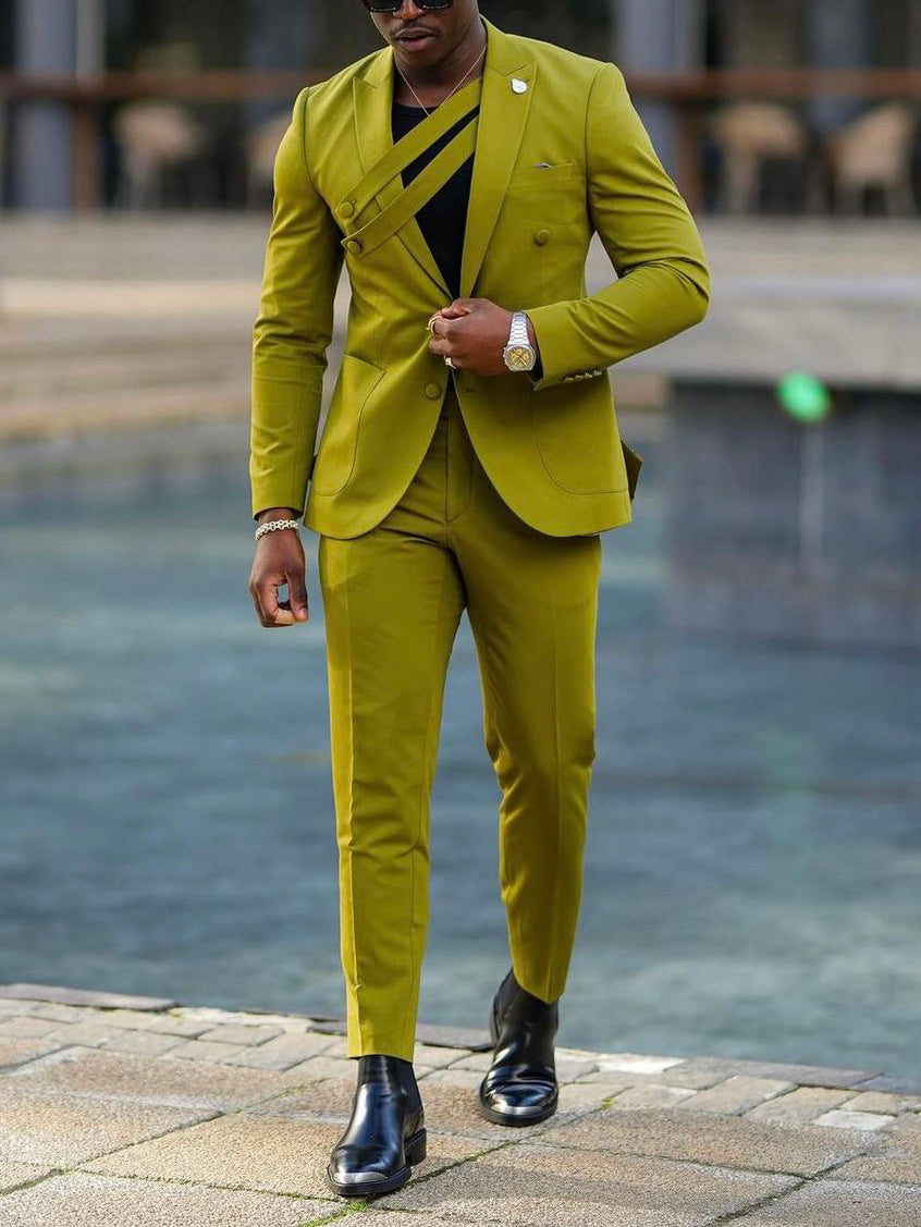 Olive Green Suit With Asymmetric Strap Detail And Tailored Fit