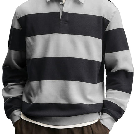 Men’s Loose-Fit Long Sleeve Striped T-Shirt – Casual Polyester Pullover