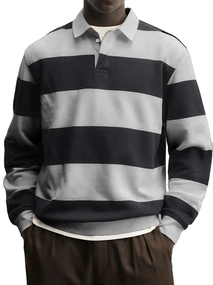 Men’s Loose-Fit Long Sleeve Striped T-Shirt – Casual Polyester Pullover