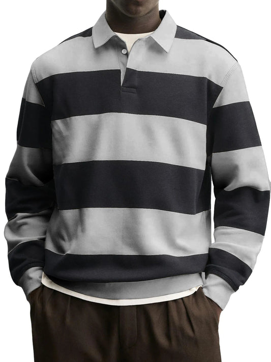 Men’s Loose-Fit Long Sleeve Striped T-Shirt – Casual Polyester Pullover