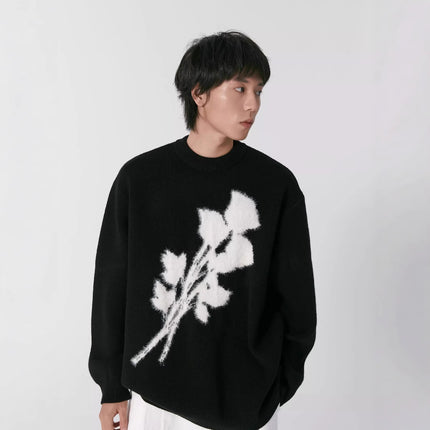 Men’s Korean-Style Jacquard Rose Sweater – Loose Fit Pullover with Mink Fur Texture