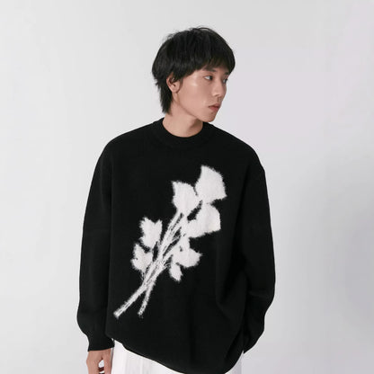 Men’s Korean-Style Jacquard Rose Sweater – Loose Fit Pullover with Mink Fur Texture