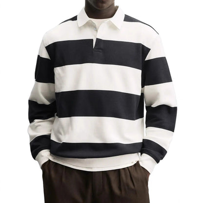 Men’s Loose-Fit Long Sleeve Striped T-Shirt – Casual Polyester Pullover